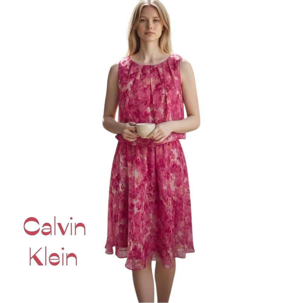 Calvin Klein Sheer Pink Floral Sleeveless Dress NWOT Size 4